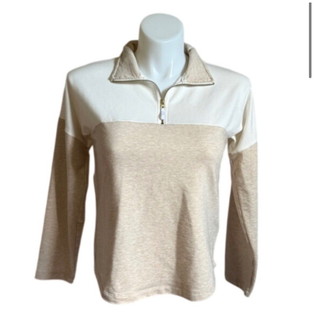 J.Crew Womens Colorblock Quarter Zip Pullover Tan Cream French Terry Size Small